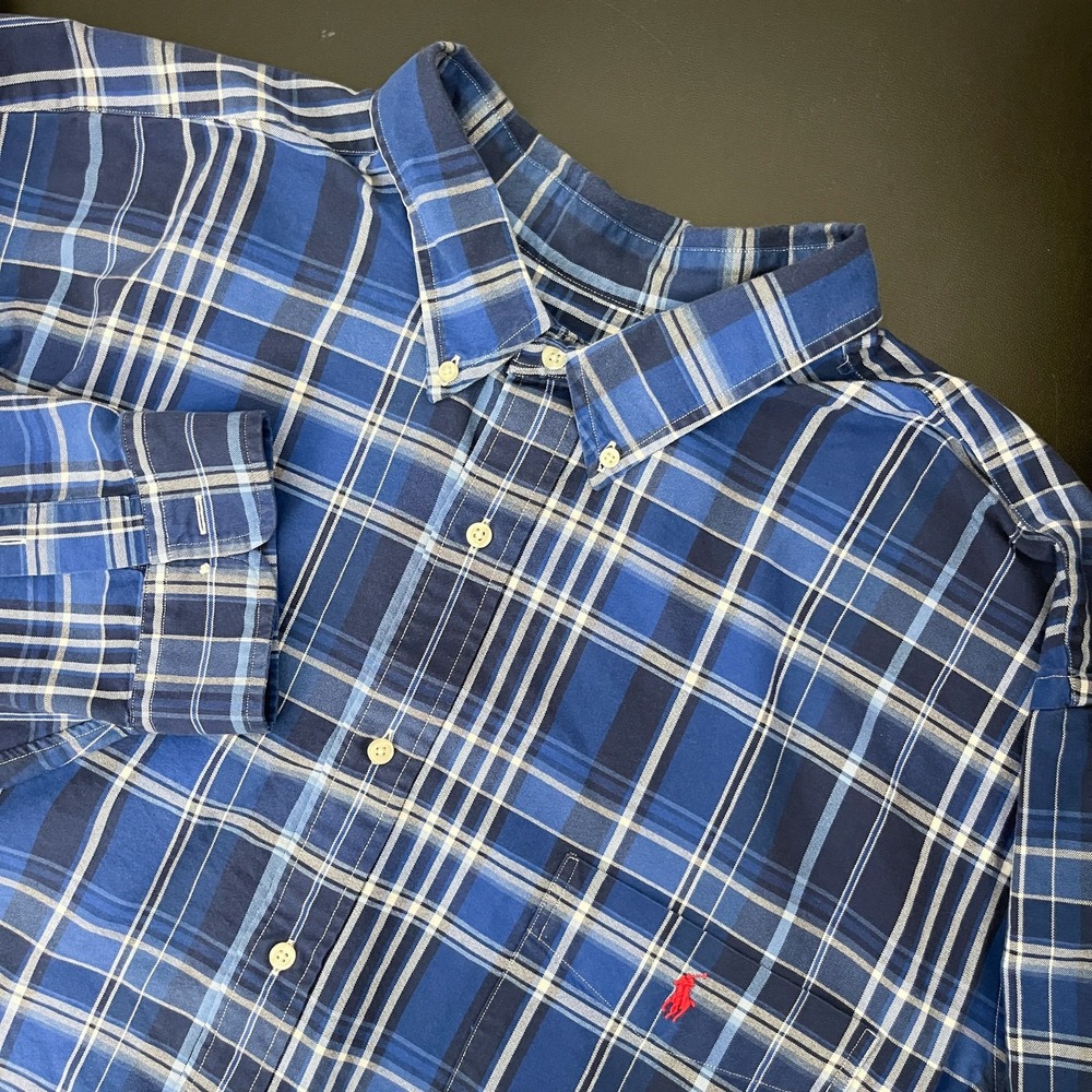Polo Ralph Lauren Oxford Shirt Mens 4XLT Blue Plaid Button Up Long Sleeve Pony